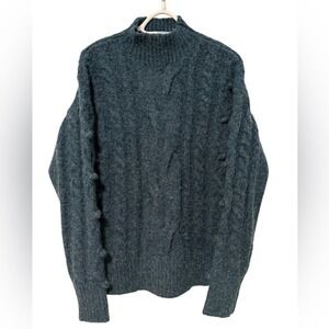 LOVESTITCH Mock Neck Cable Knit Pom Pom‎ Detail Sweater Green Size Small